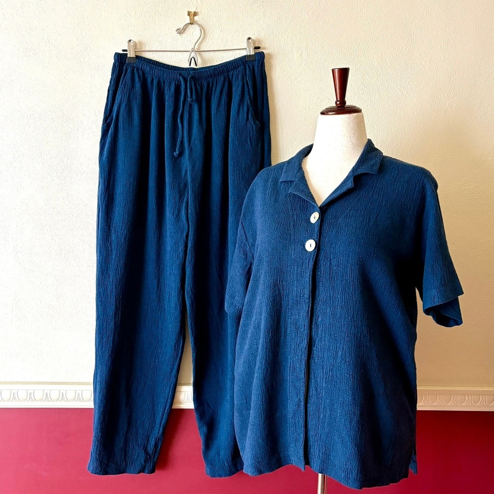 Vintage Teddi 2-Piece Set Navy Blue Crinkle Gauze Top & Pants 14 Coastal Neutral